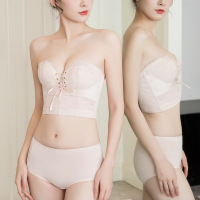 无肩带内衣聚拢防滑上托小胸加厚文气垫新娘婚纱文胸套装