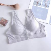 薄款竹节棉哺乳文胸大码无钢圈前开棉竖条纹中老年背心内衣