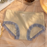 格子内裤新款无缝女士内裤中腰三角裤蕾丝边棉裆部透气少女