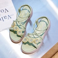 凉鞋女仙女风学生百搭牛筋软底2021新款夏季罗马鞋花朵坡跟沙滩鞋