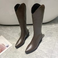 西部牛仔靴女尖头高筒长靴女百搭不过膝显瘦粗跟复古长筒骑士靴子