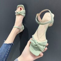 一字带凉鞋2021年新款女仙女风珍珠高跟鞋女夏粗跟性感露趾女鞋子