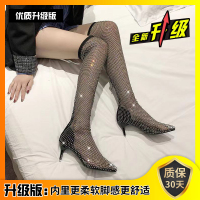 ins火过膝长靴袜靴bling水钻镂空渔网靴时尚细跟尖头高跟鞋女鞋