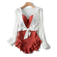 泳衣女仙女范性感保守显瘦遮肚连体平角ins小胸聚拢长袖泳装