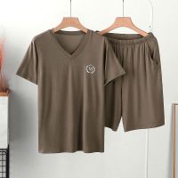 男士睡衣夏季薄款莫代尔睡衣家居服套装v领加大短袖短裤休闲宽松