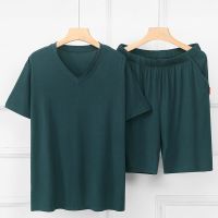 男士睡衣夏季薄款莫代尔睡衣家居服套装v领加大短袖短裤休闲宽松