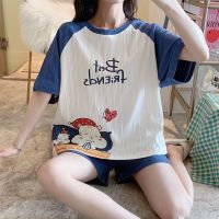 加肥加大码睡衣女夏季套短袖可爱卡通学生短裤棉质套装200斤可穿