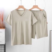 男士睡衣夏季薄款莫代尔睡衣家居服套装v领加大短袖短裤休闲宽松