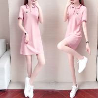 polo领大码连衣裙女夏季2021新款韩版小个子短袖中长款绣花t恤裙
