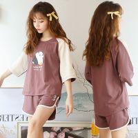 睡衣女夏短袖棉质两件套韩版卡通清新学生套装薄款女可外穿家居服