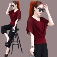 雪纺衫女短袖t恤2021夏季新款短款上衣收腰显瘦遮肉时尚蝙蝠小衫