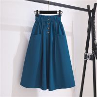 春夏季新款松紧腰棉麻半身裙纽扣装饰大口袋设计中长款a字半身裙