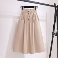 春夏季新款松紧腰棉麻半身裙纽扣装饰大口袋设计中长款a字半身裙
