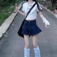 荷叶边牛仔半身裙2021年夏新款韩版高腰显瘦百褶裙百搭短款a字裙