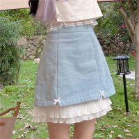 日系软妹甜美半身短裙女荷叶边高腰百搭a字蓝色蝴蝶结小个子裙子