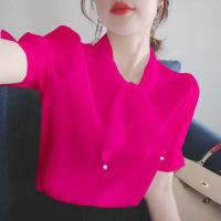 雪纺衫女上衣洋气小衫女2021夏季新款宽松大码蝴蝶结短袖上衣