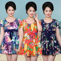 妈妈游泳衣女士加肥大码分体裙式宽松保守中老年人带袖泳装泡温泉