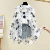 防晒衣女2021夏季韩版卡通印花开衫宽松大码女装长袖外搭雪纺衬衫