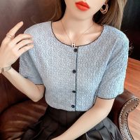 简约撞色洋气镂空蕾丝衫2021女装百搭透气上衣