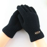 触屏黑色男士冬手套 双层加厚加绒保暖弹性毛线五指手套