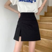 春夏休闲显瘦半身裙女2021新款韩版开叉皱褶a字短裙高腰包臀裙子
