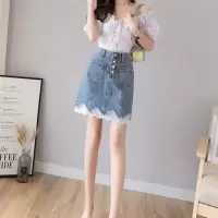 牛仔裙女夏2021新款韩版高腰裙子a字裙拼接蕾丝花边半身裙短裙潮