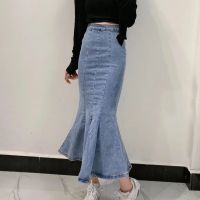 2021春秋新款半身裙高腰弹力牛仔鱼尾裙荷叶边中长款开叉包臀裙薄