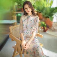 杭州中长款连衣裙女2021新款女装文艺气质印花改良旗袍裙子15天内发货