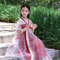 古装衣服女儿童夏天汉服女童短袖仙公主女孩学生中国风红蓝色