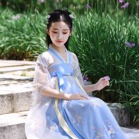 古装衣服女儿童夏天汉服女童短袖仙公主女孩学生中国风红蓝色