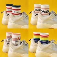 3双韩版短袜女棉日系中筒袜卡通字母袜子潮春夏学院风可爱白袜薄