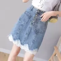 牛仔裙女夏2021新款韩版高腰裙子a字裙拼接蕾丝花边半身裙短裙潮