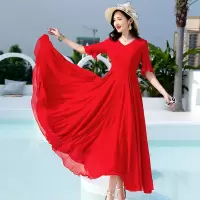 2021新款夏季沙滩长裙红色雪纺连衣裙女长款大摆显瘦长裙子仙女