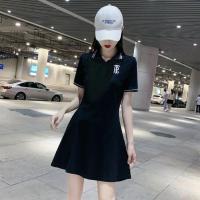 棉短袖polo衫修身a字连衣裙保罗领休闲中长款裙春夏季