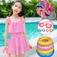 儿童泳衣女孩连体裙式中大童公主泳装可爱格子女童学生游泳衣