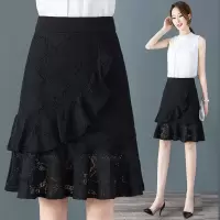 2021夏季薄款蕾丝半身裙女a字裙中长款高腰黑色薄款修身裙子