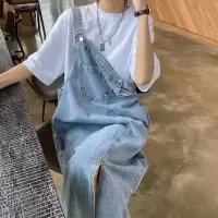 牛仔背带裙连衣裙女宽松小个子裙子设计感小众吊带裙夏季开叉长裙