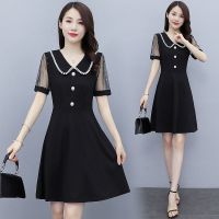 连衣裙2021新款夏季胖妹妹收腰显瘦遮肚减龄时尚娃娃领气质连衣裙