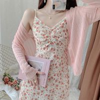 温柔风淑女吊带裙甜美碎花连衣裙针织衫两件套装裙沙滩度假中长裙