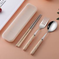小麦秸秆三件套加厚不锈钢成人勺子餐叉筷子学生旅游便捷式餐具