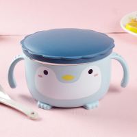 创意企鹅不锈钢碗隔热防摔双层碗宝宝吃饭碗家用面条碗米饭碗带勺