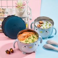 创意企鹅不锈钢碗隔热防摔双层碗宝宝吃饭碗家用面条碗米饭碗带勺