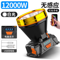 LED头灯强光超亮头戴式户外黄光充电感应夜钓鱼手电筒小氙气矿灯 12000W白光续航150小时[带电量显示+可充手机]