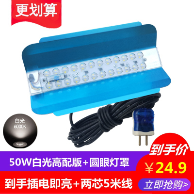带电线led碘钨灯太阳工地用照明灯50W超亮防水强光户外建筑投光灯 50W白光高配圆眼灯罩+两芯5米