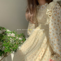 女童法式两件套裙温柔碎花连衣裙泡泡棉罩纱lolita亲子小清新2021 优雅浅浅米黄飞袖罩纱 90cm