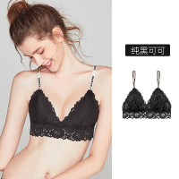 好奇蜜斯法式内衣女无钢圈文胸套装超薄款蕾丝胸罩三角杯少女bra 纯黑可可 S