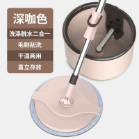 拖把杆旋转通用式免手洗拖把家用自动懒人一拖地神器墩布桶拖布净 米咖色 1个 塑料篮 加强杆+塑料盘