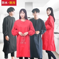 带袖围裙防水成人加大款防雨绸布薄款防油污长袖家用厨房工作秋冬 红色女款