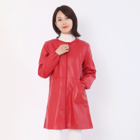 羽绒服罩衣大人女PU软皮防水防油护衣厨房家用工作服外套长袖围裙 女皮大红M