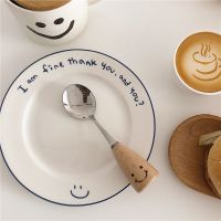ins风可爱日式简约笑脸木柄水果不锈钢叉子勺子甜品汤勺餐具套装 笑脸勺子